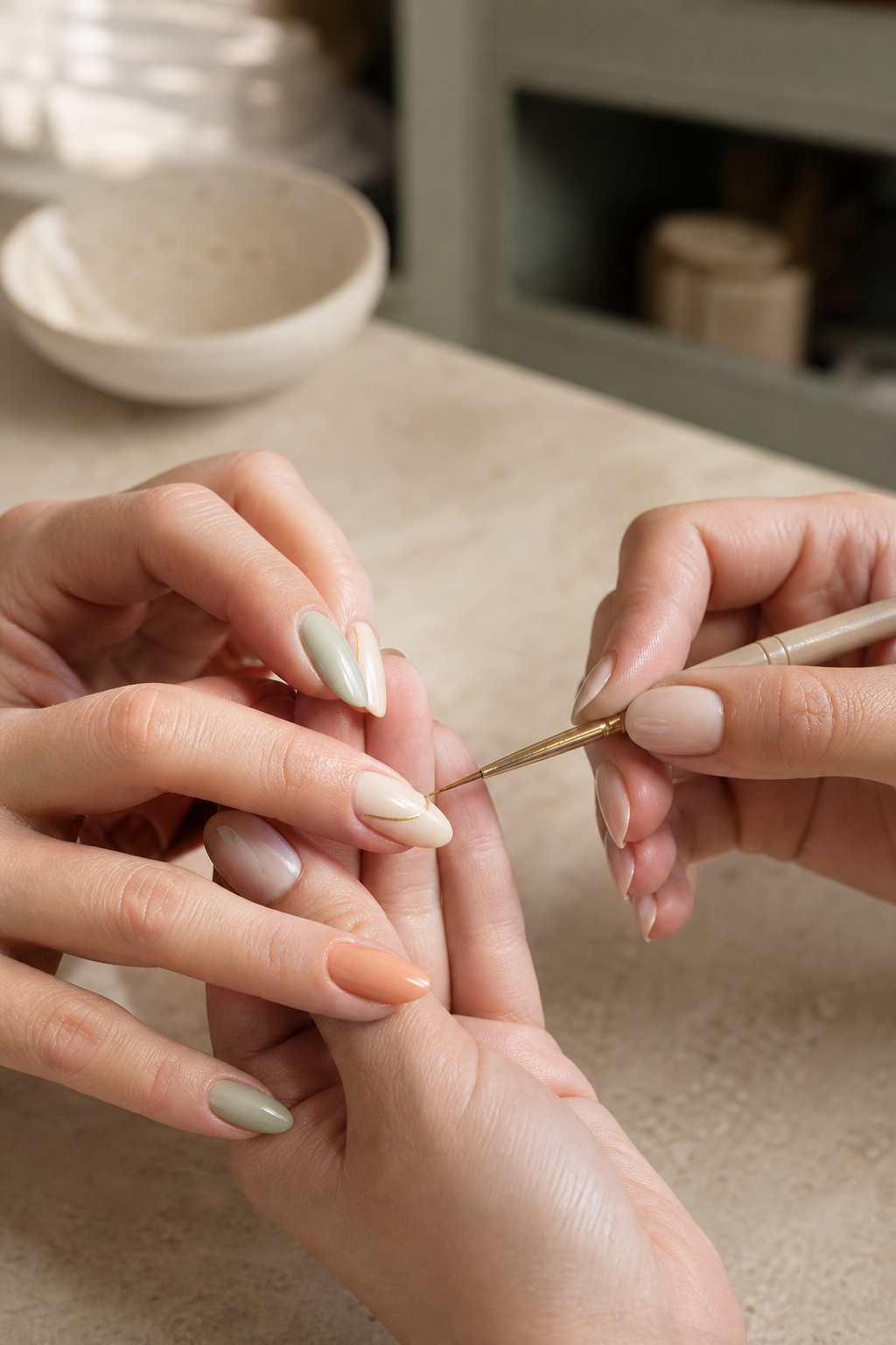 Nail artist painting a fine gold detail on a soft sage manicure