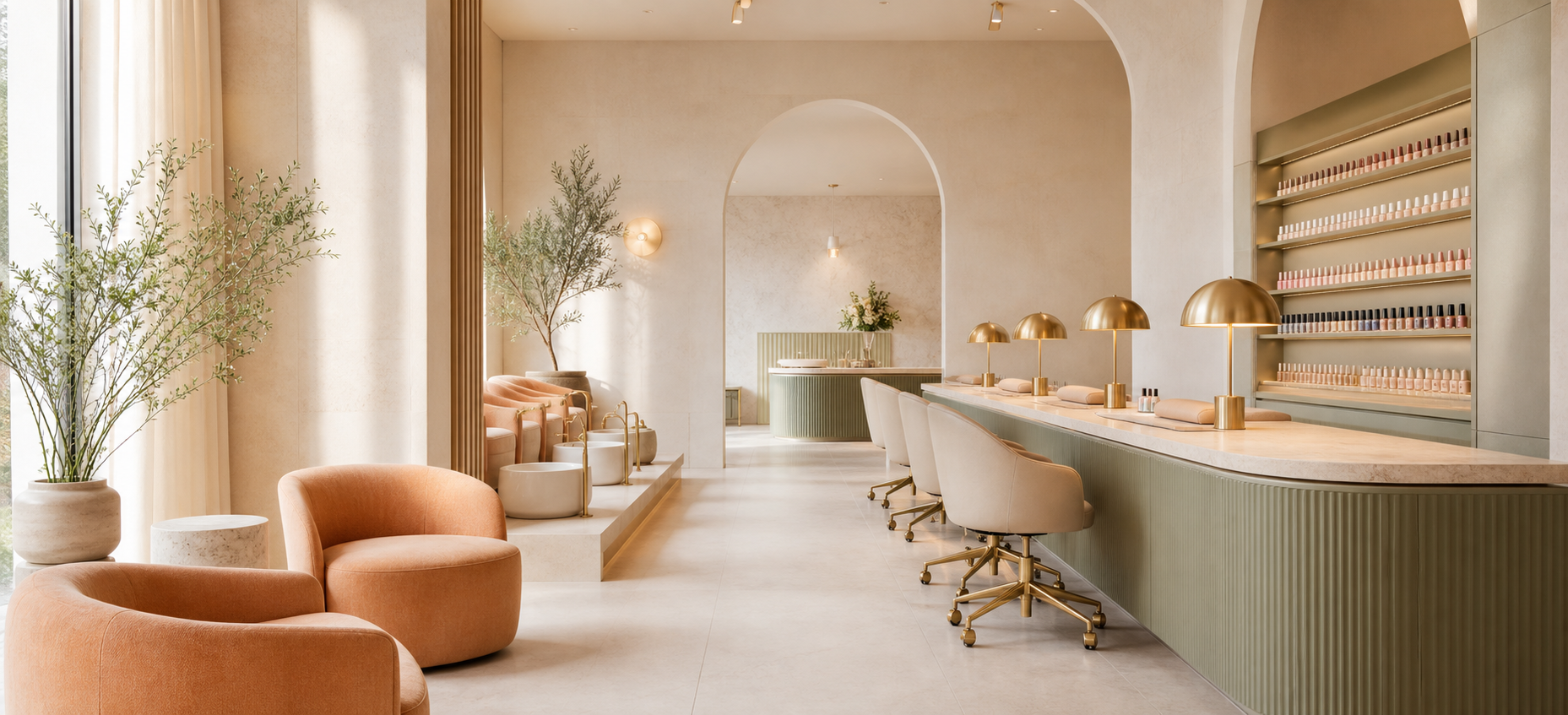 Warm cream and sage contemporary nail atelier interior